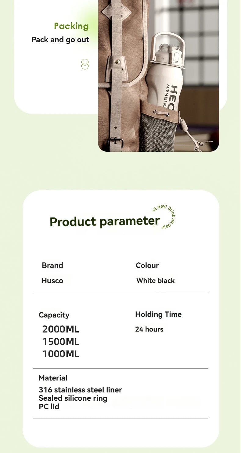2L Stainless Steel Thermal Water Bottle – Large Vacuum Flask with Straw for Hot & Cold Drinks, Travel & Outdoor Sports