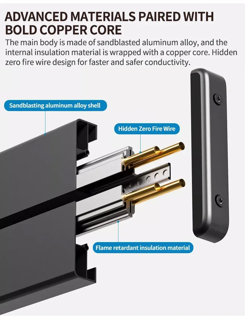 Wall Power Rail Socket – Kitchen Aluminum Expansion Socket 40cm / 50cm | Built-in Countertop Power Strip with Multiple Slots
