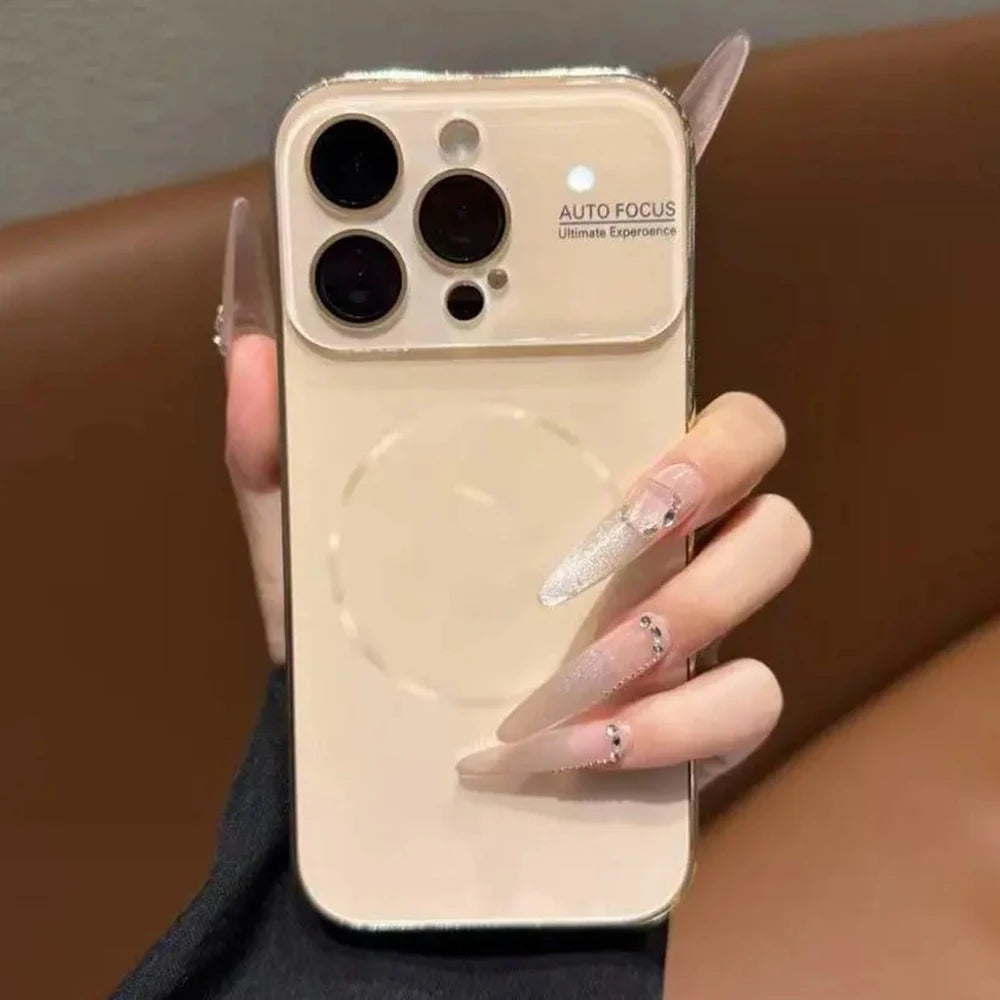 Luxury Large Window For Magsafe Case For iPhone 17 16 15 14 Pro Max Plating Magnectic Wireless Charging Glass Lens Protect Cover