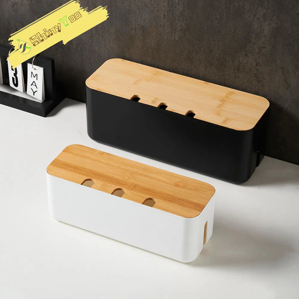 Large Wire Organizer Cable Management Box for Extension Cord Power Stripe Surge Protector with Wooden Lid for Cable Organisers