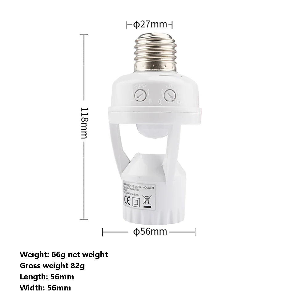 60W PIR Motion Sensor Lamp Socket E27 – Smart Light Base with Adjustable Delay & Light Control (AC100-240V)