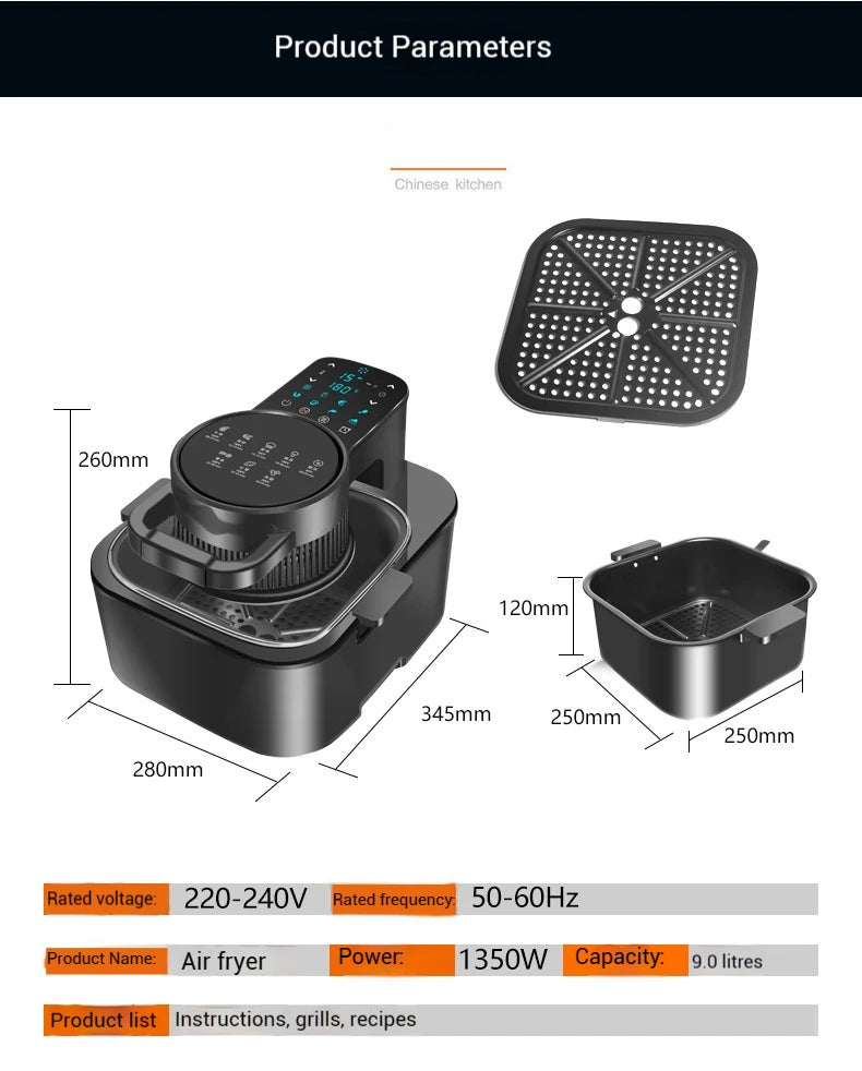 9L Smart Air Fryer with Large Capacity – Multi-Functional Touch Screen, Non-Stick Inner Pot, Oil-Free Cooking Oven 2025