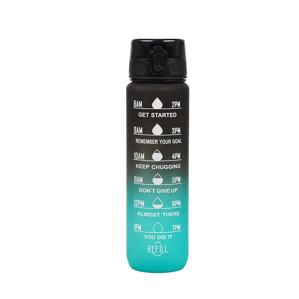 1000ml Gradient Sports Water Bottle with Time Scale – Portable Large Capacity BPA-Free Fitness Bottle with Strap