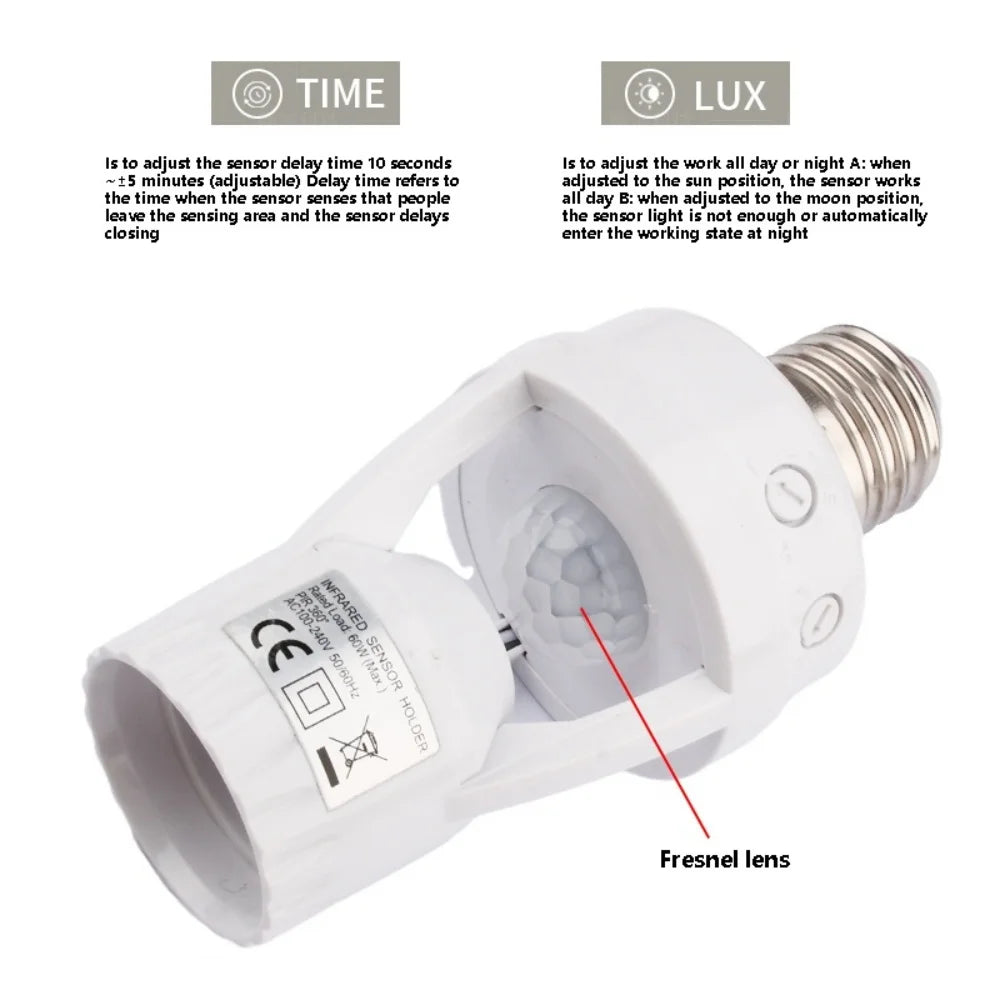 60W PIR Motion Sensor Lamp Socket E27 – Smart Light Base with Adjustable Delay & Light Control (AC100-240V)