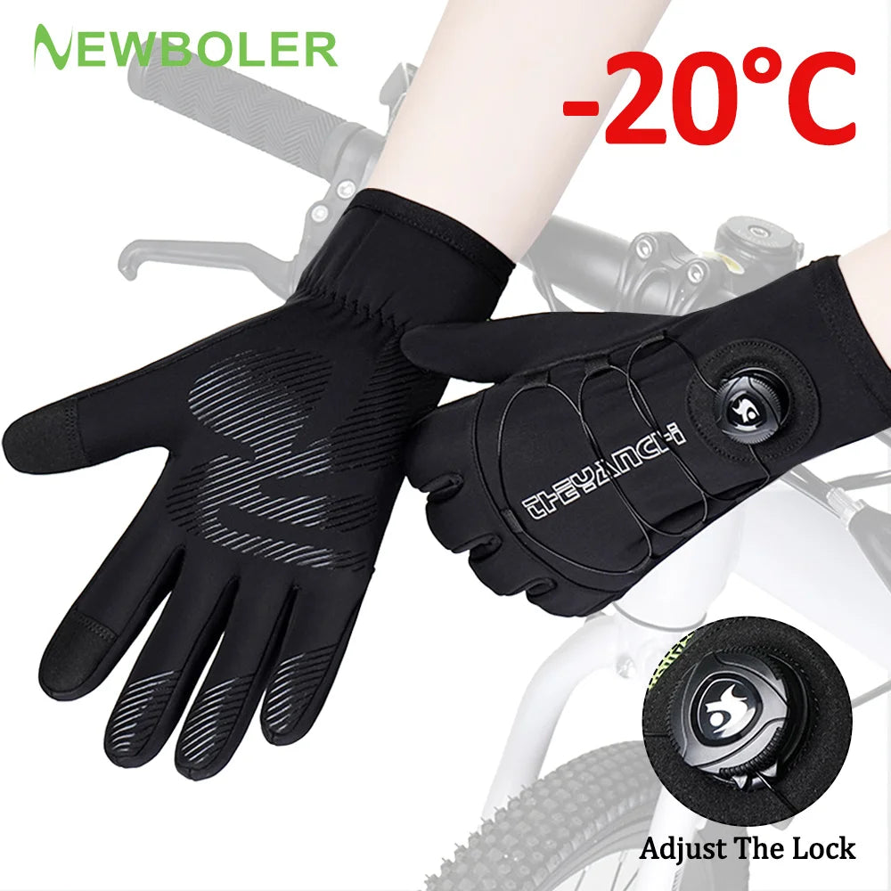 NEWBOLER Winter Cycling Gloves Warm Fleece Windproof Full Finger Gloves Touch Screen Anti-slip Adjustable Buckle Men Bike Gloves