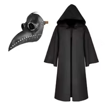 Halloween Plague Doctor Mask & Cloak Costume – Hooded Black Robe Set for Adults & Kids