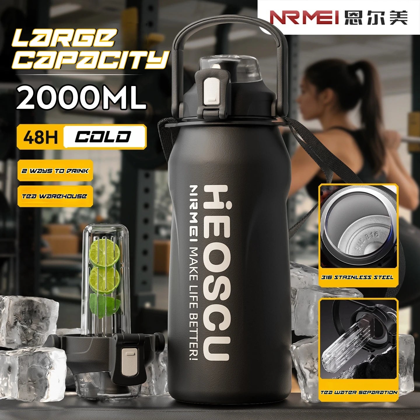 2L Stainless Steel Thermal Water Bottle – Large Vacuum Flask with Straw for Hot & Cold Drinks, Travel & Outdoor Sports