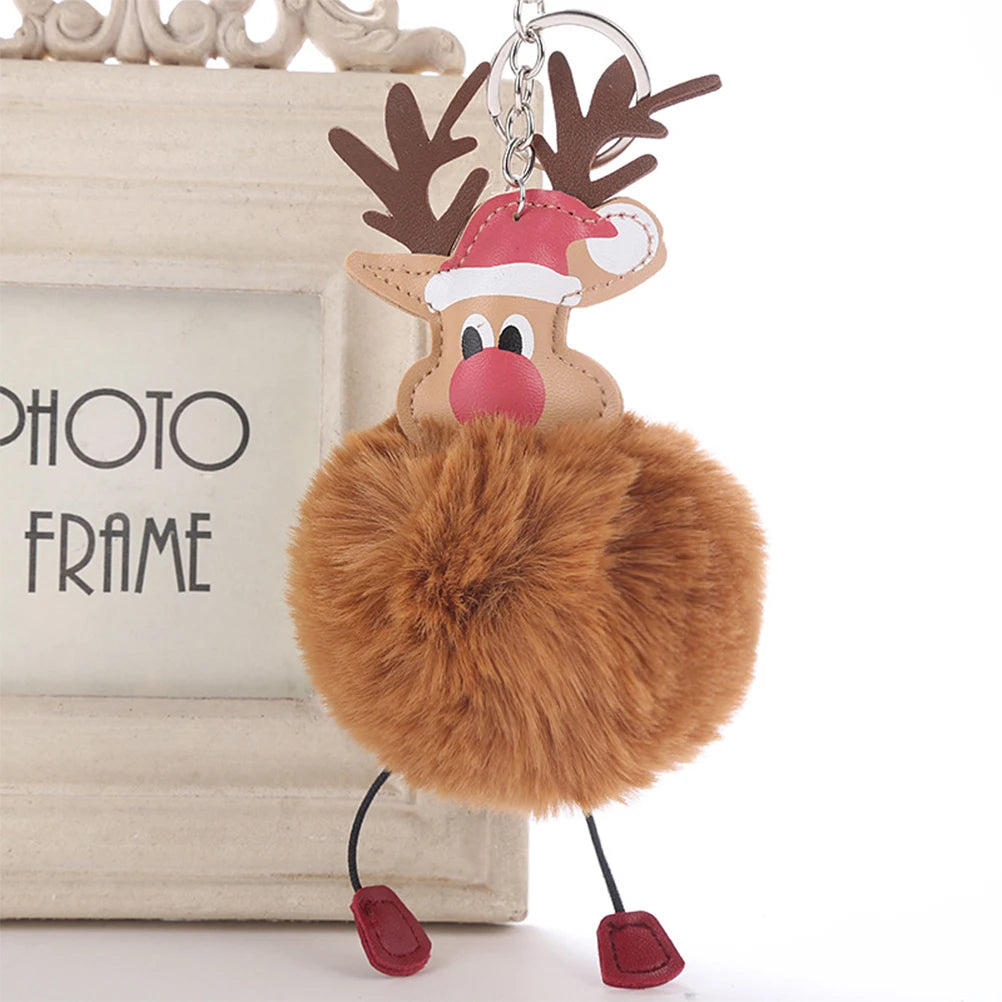 Cartoon Christmas Elk Keychain Premium Metal Pom Pom Ball Decorative Key Ring For Handbag Phone Pendant Gift Coffee