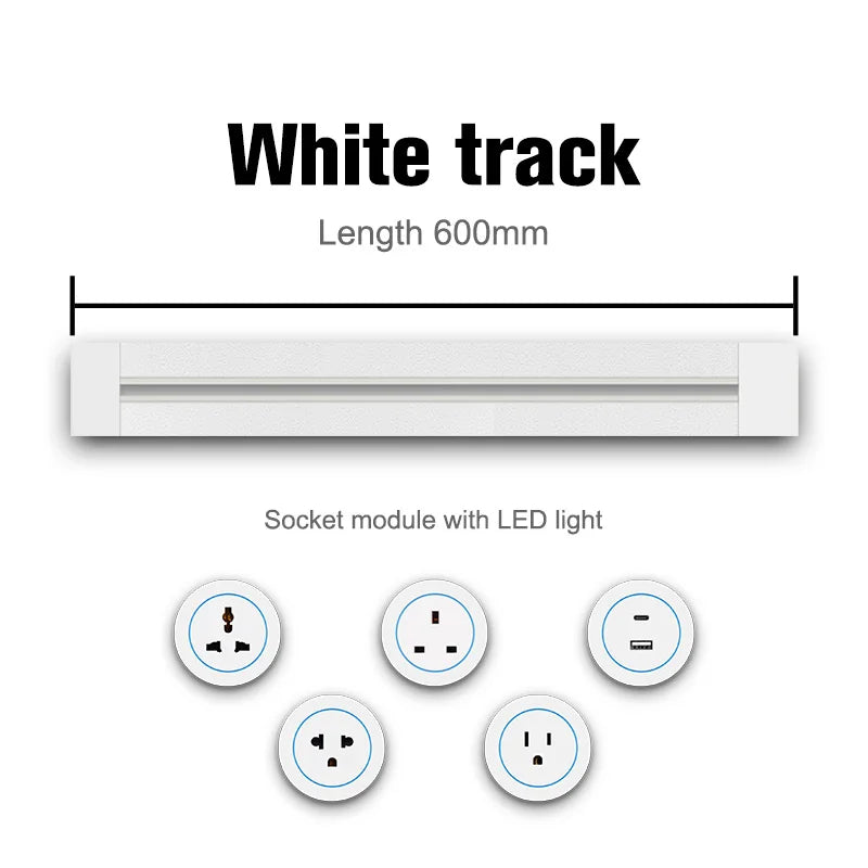 Track Socket Kitchen Wall Outlet with USB | FR/EU/US/UK Universal Standard Round Removable Adapter Plug – White