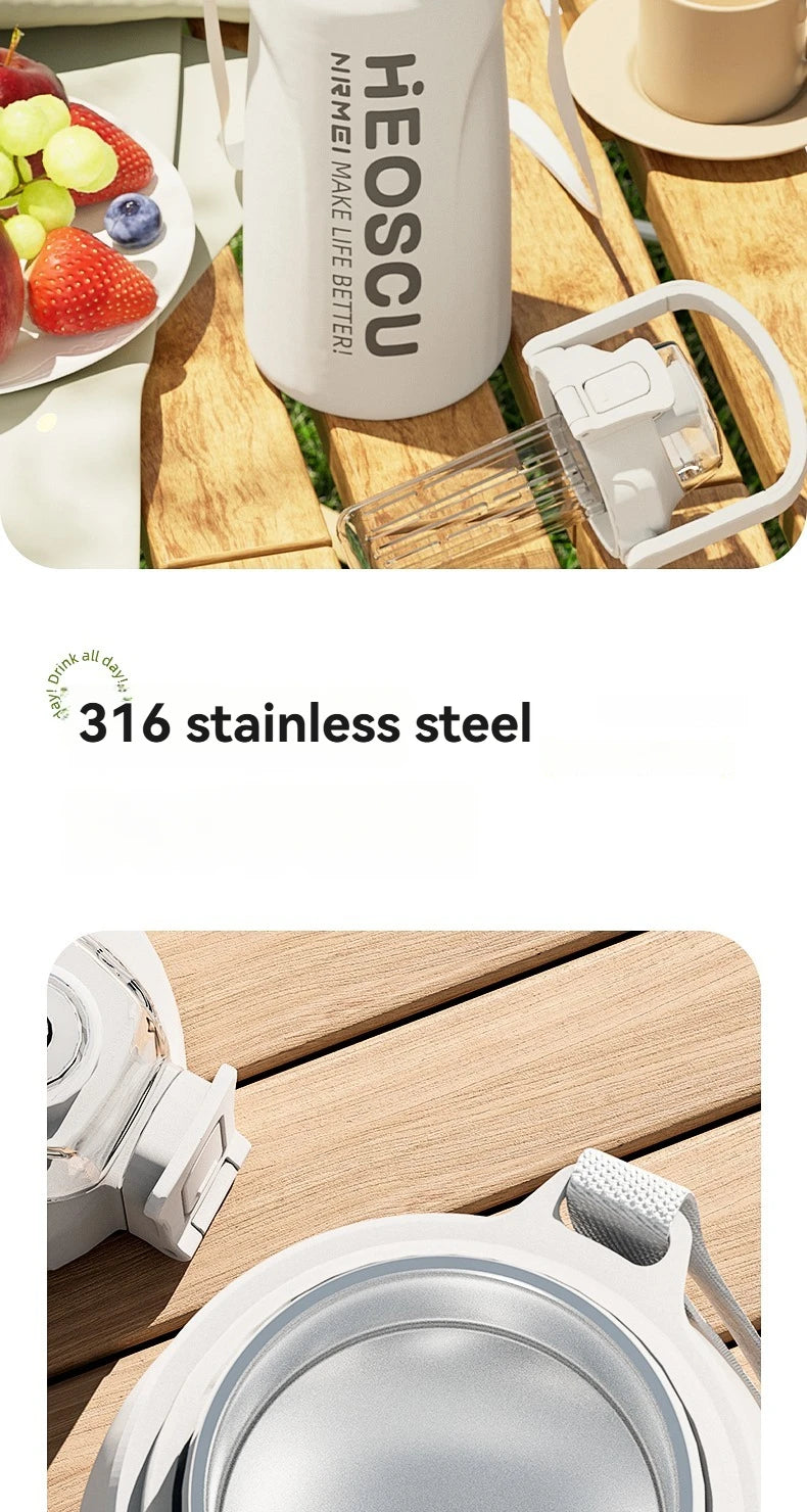 2L Stainless Steel Thermal Water Bottle – Large Vacuum Flask with Straw for Hot & Cold Drinks, Travel & Outdoor Sports