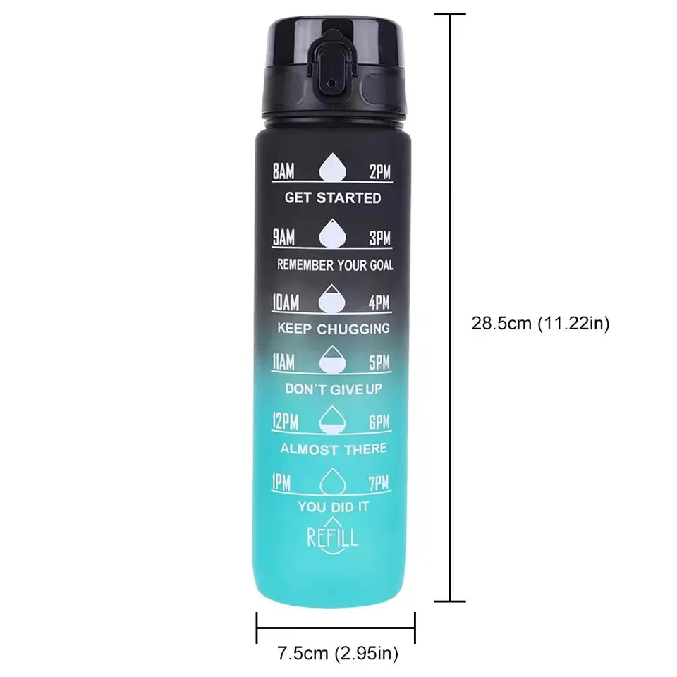 1000ml Gradient Sports Water Bottle with Time Scale – Portable Large Capacity BPA-Free Fitness Bottle with Strap