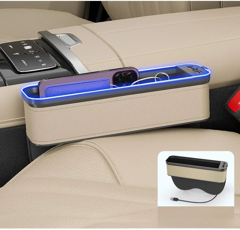 Car Crevice Storage Organizer Box Car 2 USB Charging Colour Light Seat Gap Storage Box LED Auto Interior Stowing Tidying
