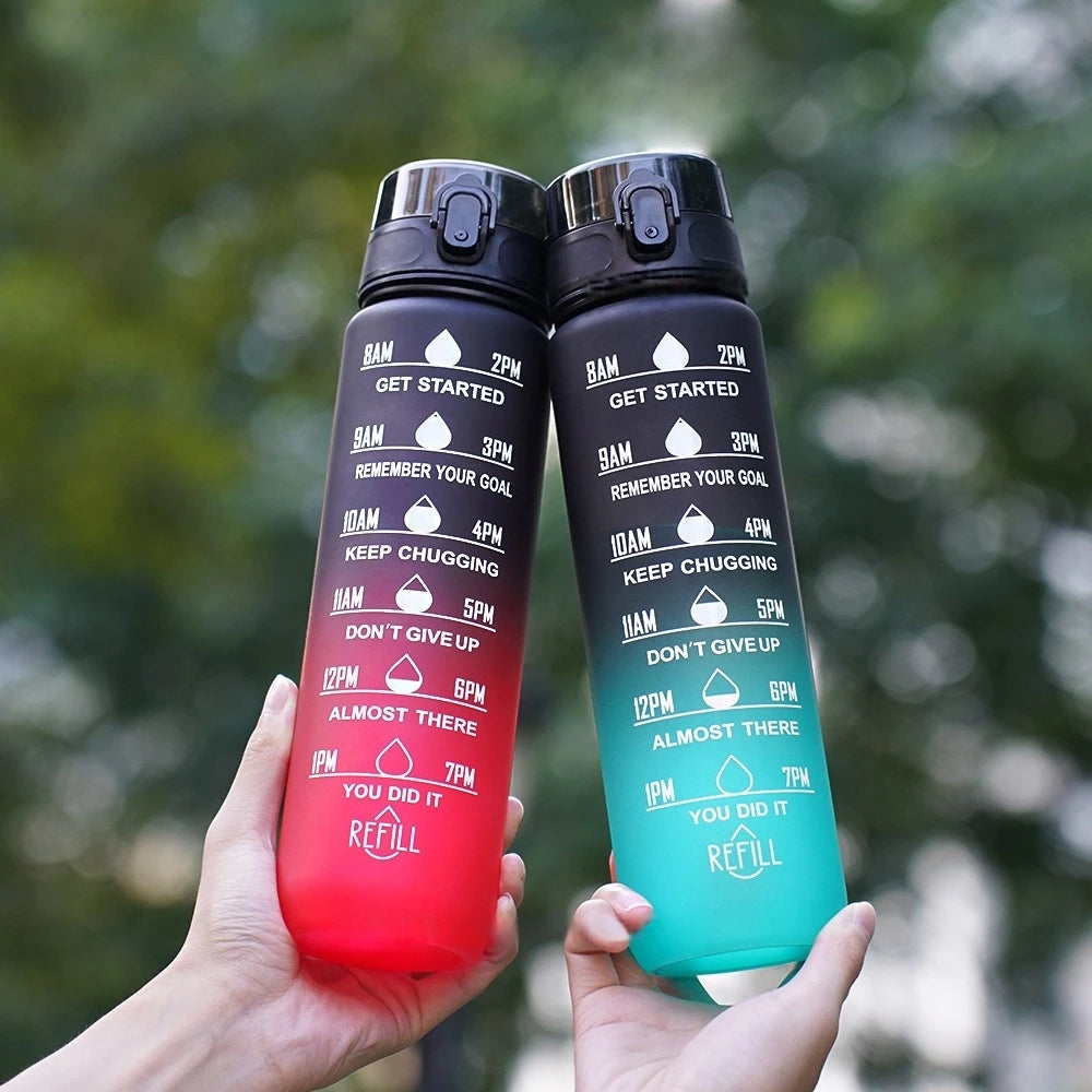 1000ml Gradient Sports Water Bottle with Time Scale – Portable Large Capacity BPA-Free Fitness Bottle with Strap