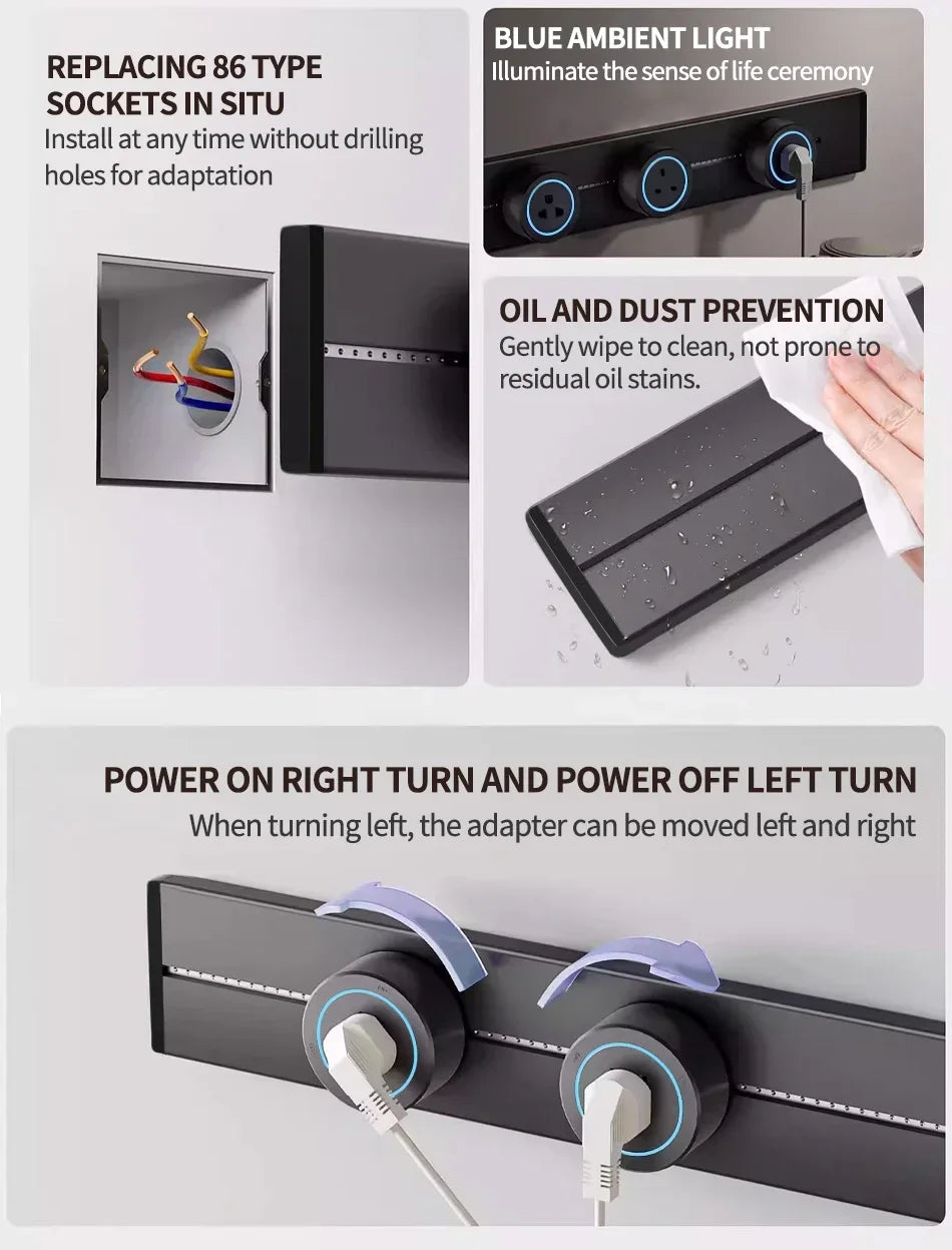 Wall Power Rail Socket – Kitchen Aluminum Expansion Socket 40cm / 50cm | Built-in Countertop Power Strip with Multiple Slots