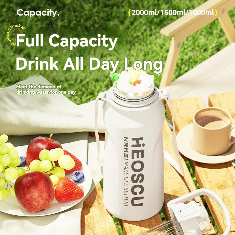2L Stainless Steel Thermal Water Bottle – Large Vacuum Flask with Straw for Hot & Cold Drinks, Travel & Outdoor Sports