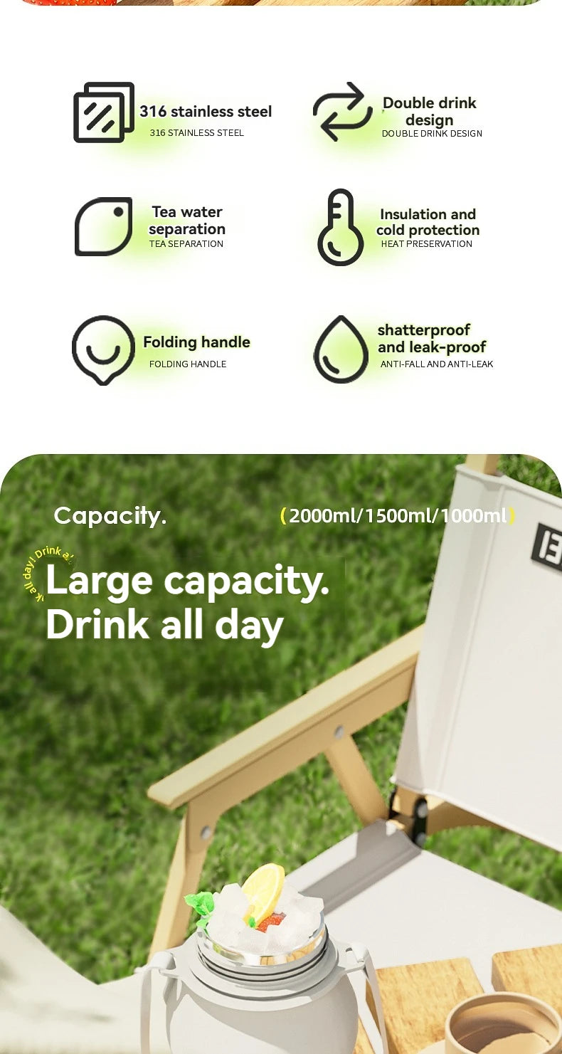 2L Stainless Steel Thermal Water Bottle – Large Vacuum Flask with Straw for Hot & Cold Drinks, Travel & Outdoor Sports