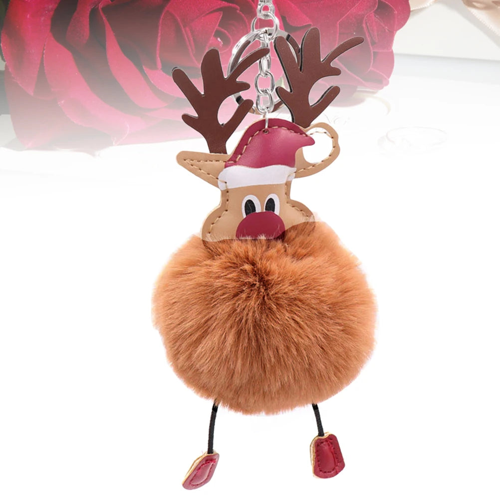 Cartoon Christmas Elk Keychain Premium Metal Pom Pom Ball Decorative Key Ring For Handbag Phone Pendant Gift Coffee
