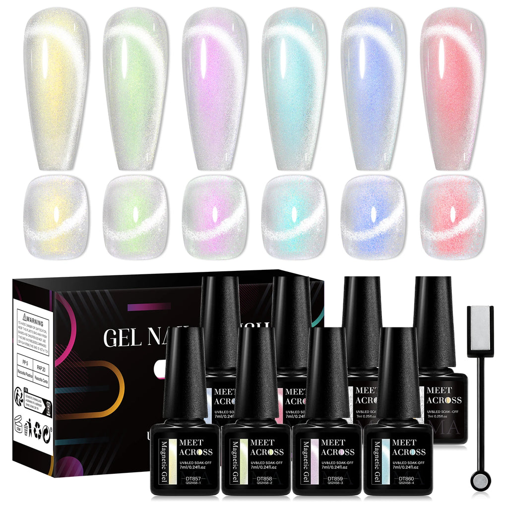MEET ACROSS 6PCS Cat Magnetic Gel Polish Set with Magnetic Stick & Box