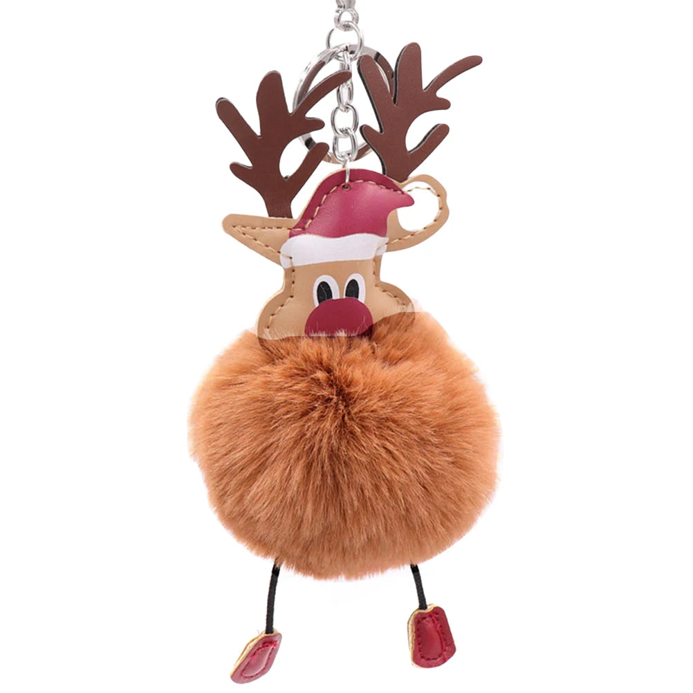 Cartoon Christmas Elk Keychain Premium Metal Pom Pom Ball Decorative Key Ring For Handbag Phone Pendant Gift Coffee