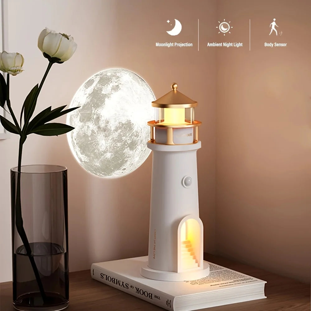 Lighthouse Projection Nightlight - Adjustable Brightness&Timer, USB Rechargeable Soft Moon Glow for Bedroom Decor Romantic Gift