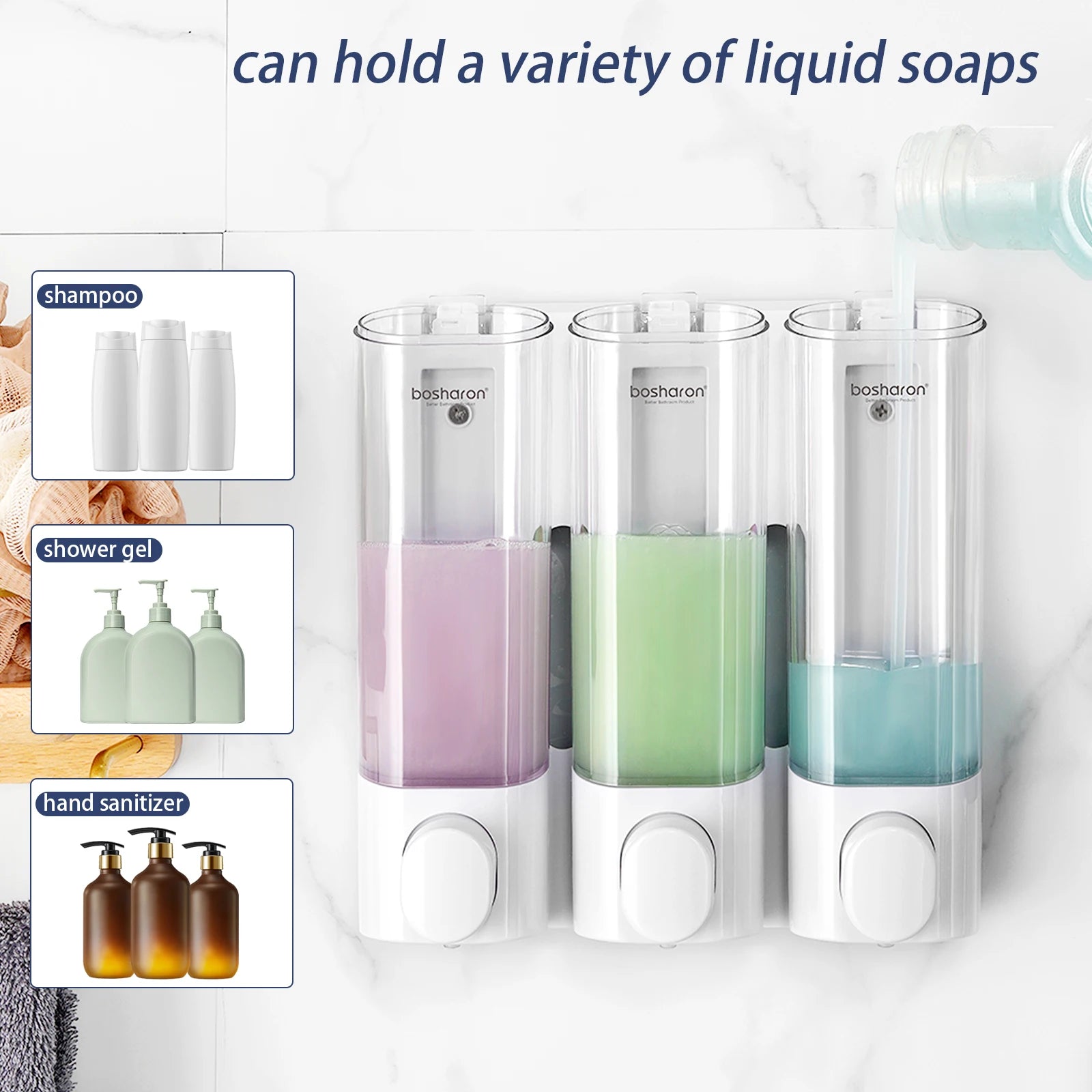 Wall Mounted Shampoo and Conditioner Dispenser, Body Wash, Shower Soap, Lotion, Gel Container, 3 × 300 ml