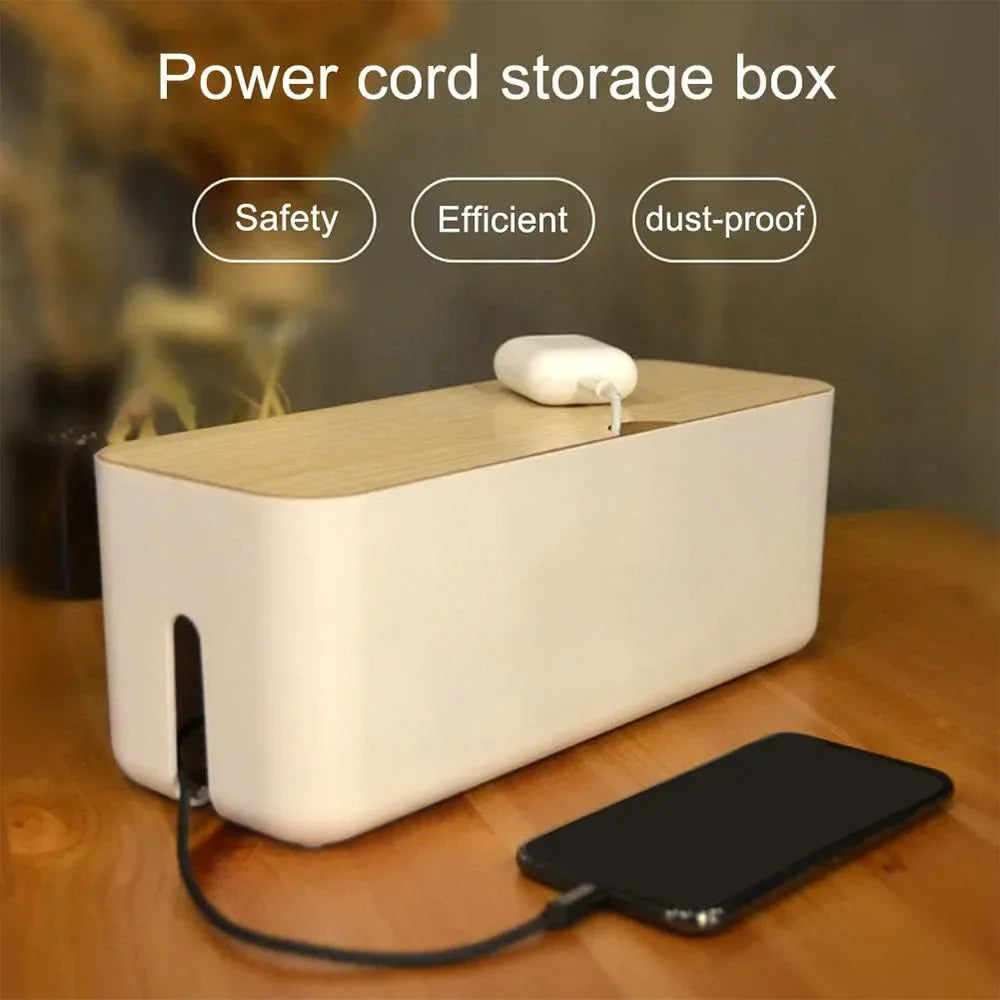 Large Wire Organizer Cable Management Box for Extension Cord Power Stripe Surge Protector with Wooden Lid for Cable Organisers