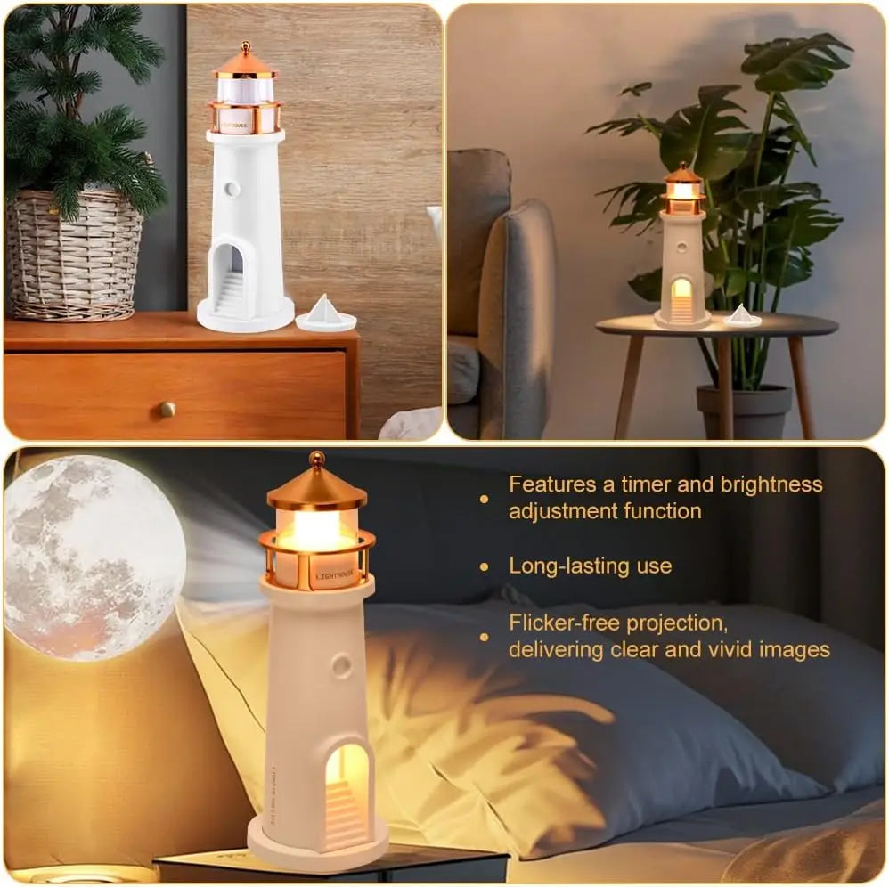Lighthouse Projection Nightlight - Adjustable Brightness&Timer, USB Rechargeable Soft Moon Glow for Bedroom Decor Romantic Gift
