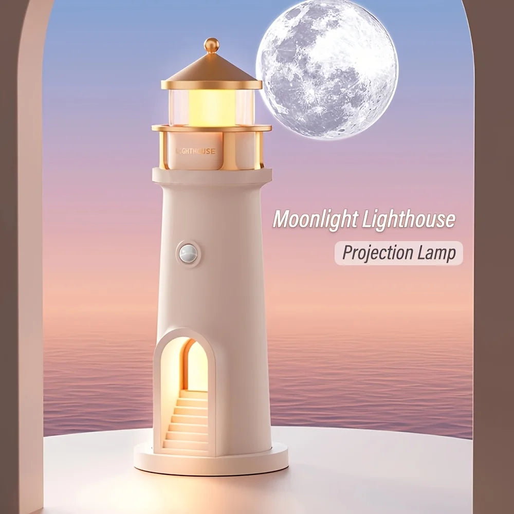 Lighthouse Projection Nightlight - Adjustable Brightness&Timer, USB Rechargeable Soft Moon Glow for Bedroom Decor Romantic Gift
