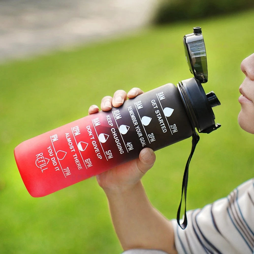 1000ml Gradient Sports Water Bottle with Time Scale – Portable Large Capacity BPA-Free Fitness Bottle with Strap