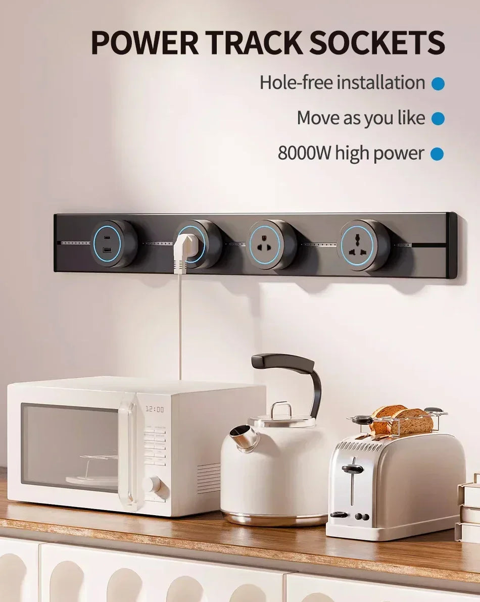 Wall Power Rail Socket – Kitchen Aluminum Expansion Socket 40cm / 50cm | Built-in Countertop Power Strip with Multiple Slots