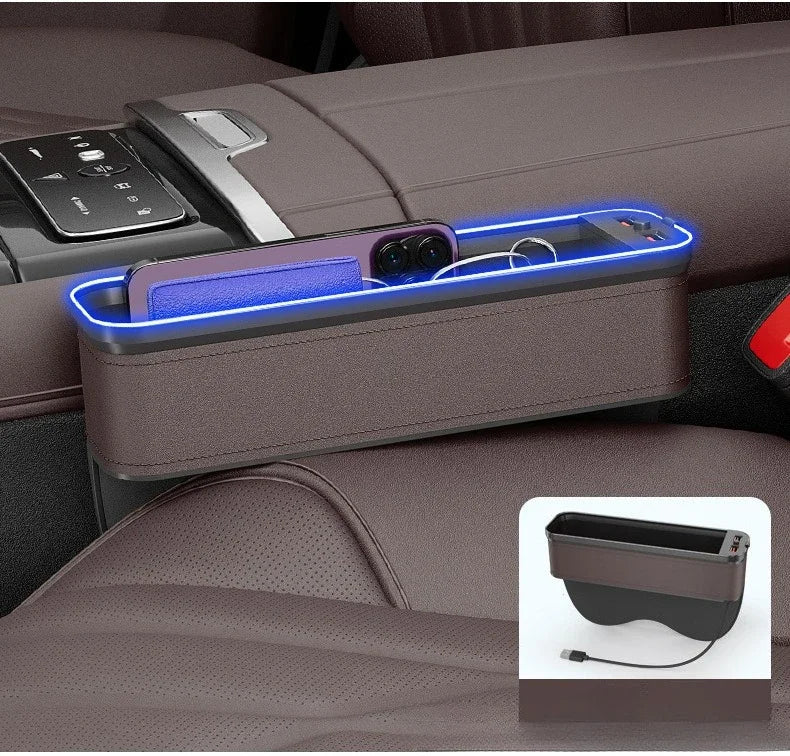Car Crevice Storage Organizer Box Car 2 USB Charging Colour Light Seat Gap Storage Box LED Auto Interior Stowing Tidying