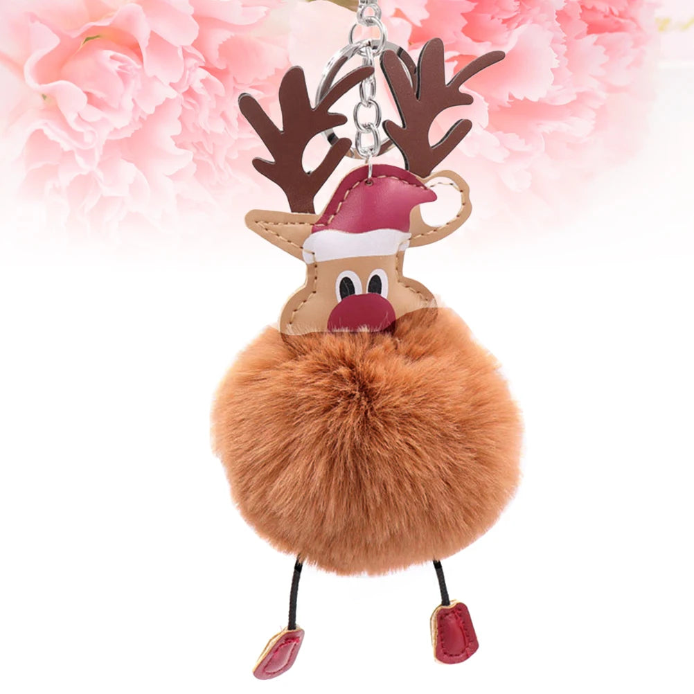 Cartoon Christmas Elk Keychain Premium Metal Pom Pom Ball Decorative Key Ring For Handbag Phone Pendant Gift Coffee