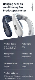New Portable Neck Fan 5200mAh Neck Air Conditioner Rechargeable Semiconductor Cooling  Fan Outdoor Personal Fan Wearable Cooler