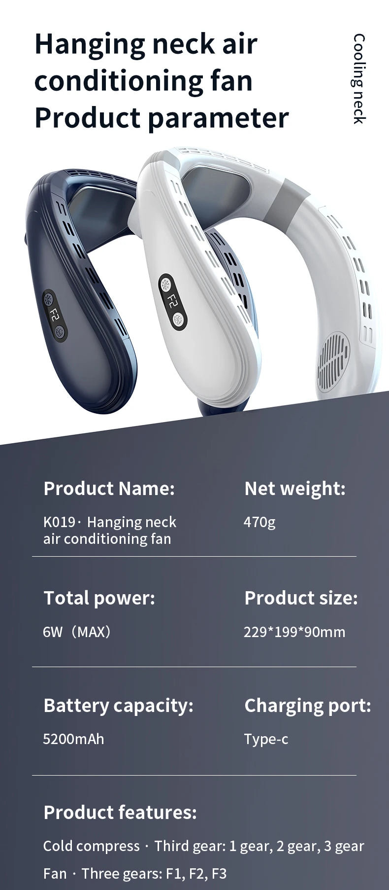 New Portable Neck Fan 5200mAh Neck Air Conditioner Rechargeable Semiconductor Cooling  Fan Outdoor Personal Fan Wearable Cooler