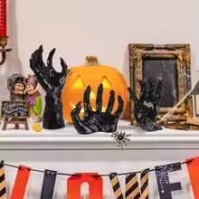 3Pcs Halloween Wall Mounted Devil’s Hand Candle Holders – Spooky Black Decoration with LED Candles