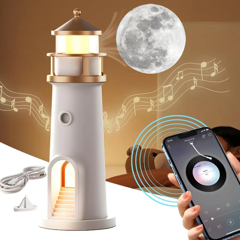 Lighthouse Projection Nightlight - Adjustable Brightness&Timer, USB Rechargeable Soft Moon Glow for Bedroom Decor Romantic Gift