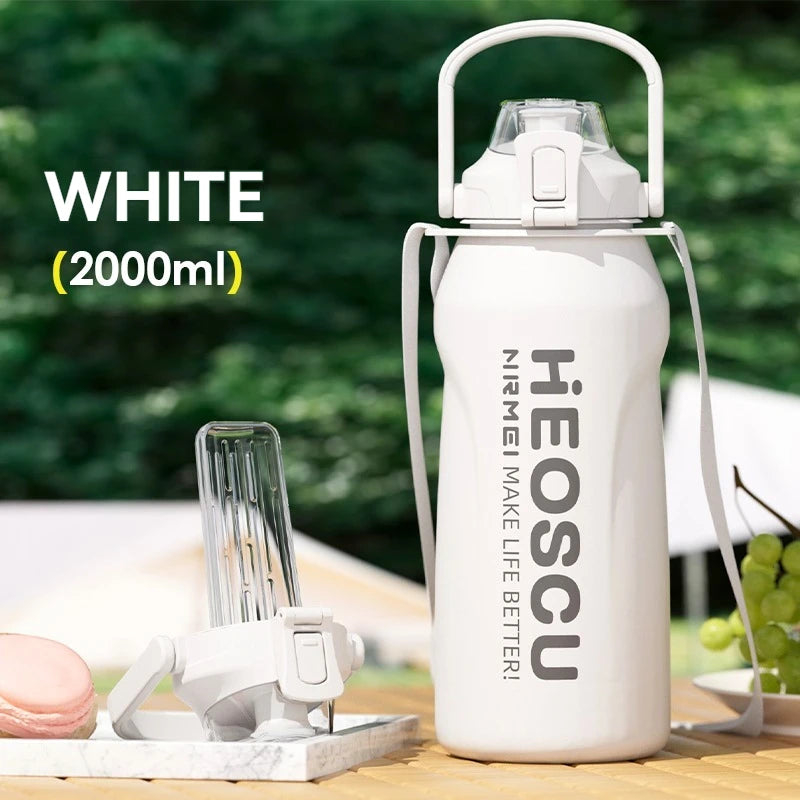 2L Stainless Steel Thermal Water Bottle – Large Vacuum Flask with Straw for Hot & Cold Drinks, Travel & Outdoor Sports