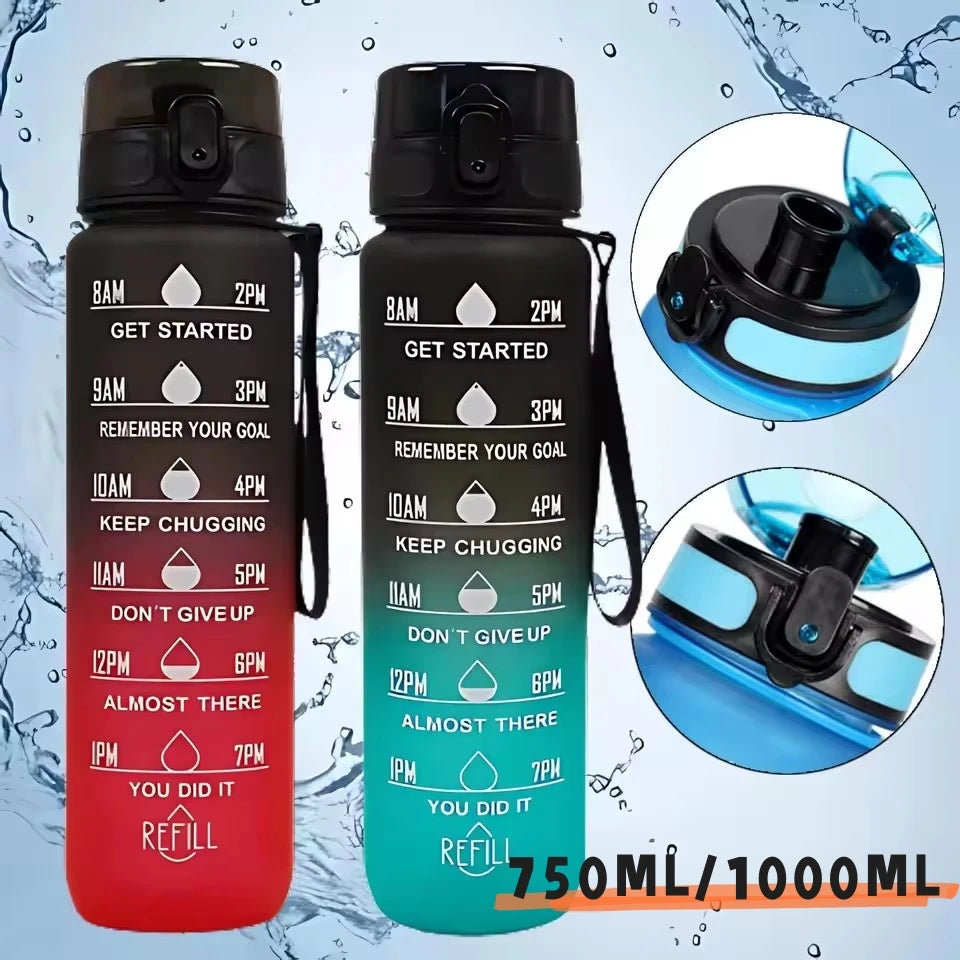 1000ml Gradient Sports Water Bottle with Time Scale – Portable Large Capacity BPA-Free Fitness Bottle with Strap