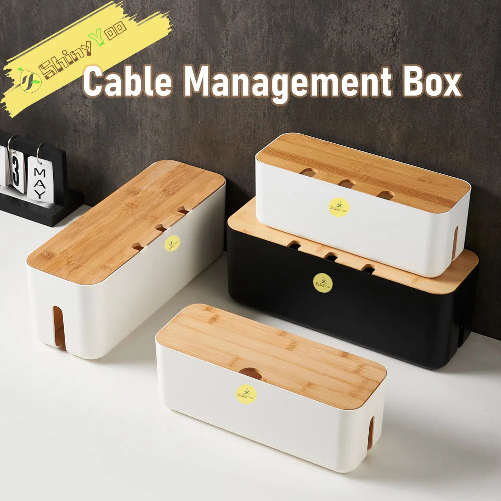 Large Wire Organizer Cable Management Box for Extension Cord Power Stripe Surge Protector with Wooden Lid for Cable Organisers