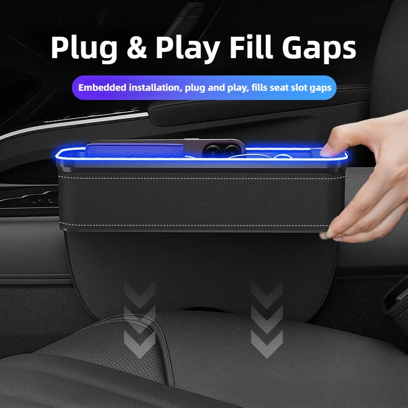 Car Crevice Storage Organizer Box Car 2 USB Charging Colour Light Seat Gap Storage Box LED Auto Interior Stowing Tidying