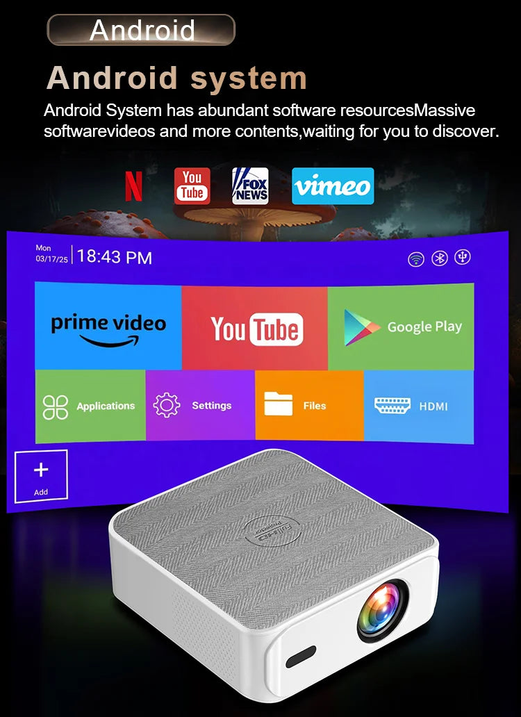 Everycom Vortex 4k Portable Projector Android TV 11 600ANSI Lumens 1080p Full Hd Wifi6 Bluetooth Speaker Home Theater For Phones