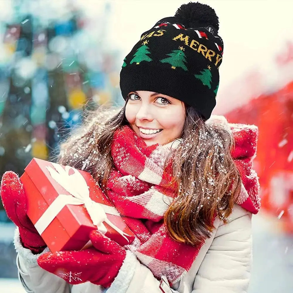 LED Christmas Knitted Beanie Hat – Light Up Xmas Sweater Cap, Unisex Winter Beanie with Colorful LEDs