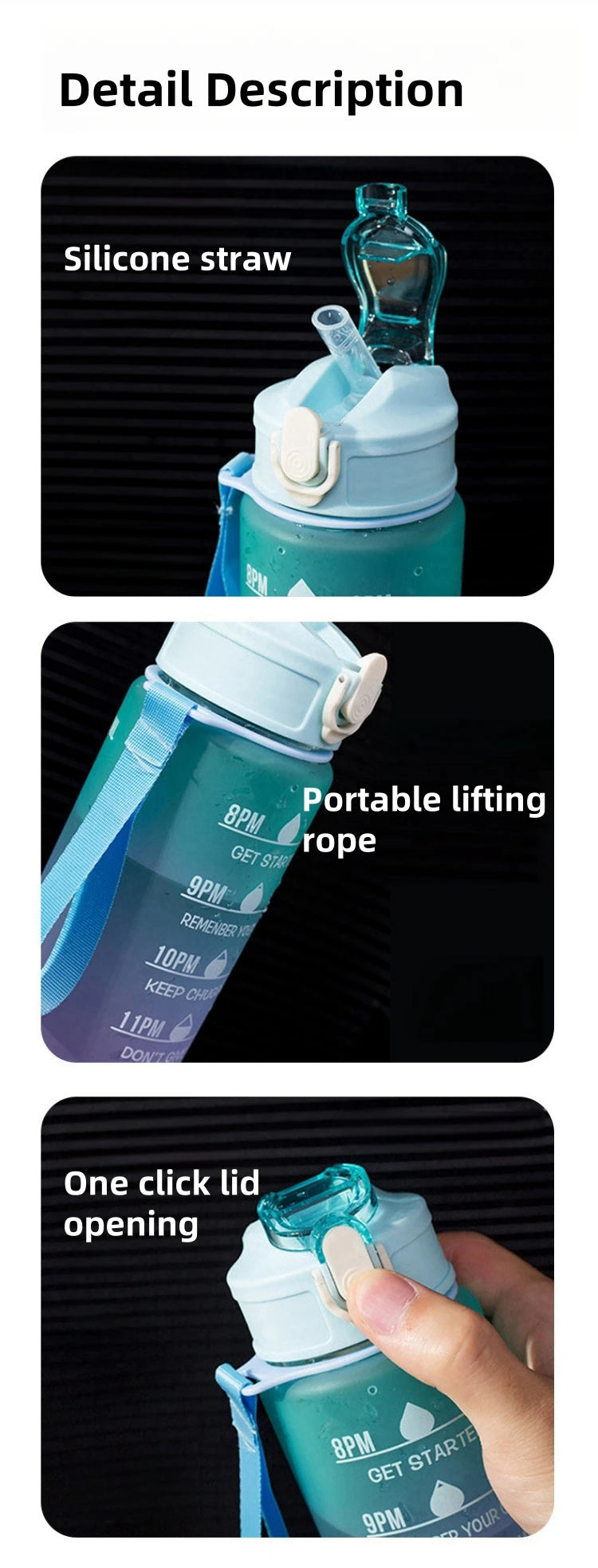 1000ml Gradient Sports Water Bottle with Time Scale – Portable Large Capacity BPA-Free Fitness Bottle with Strap