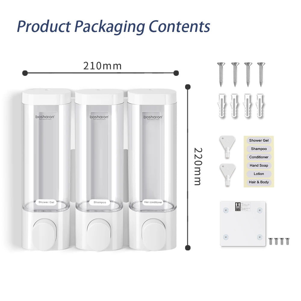 Wall Mounted Shampoo and Conditioner Dispenser, Body Wash, Shower Soap, Lotion, Gel Container, 3 × 300 ml