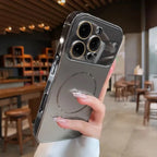 Luxury Large Window For Magsafe Case For iPhone 17 16 15 14 Pro Max Plating Magnectic Wireless Charging Glass Lens Protect Cover