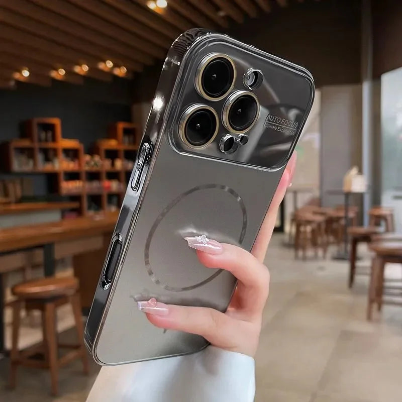 Luxury Large Window For Magsafe Case For iPhone 17 16 15 14 Pro Max Plating Magnectic Wireless Charging Glass Lens Protect Cover