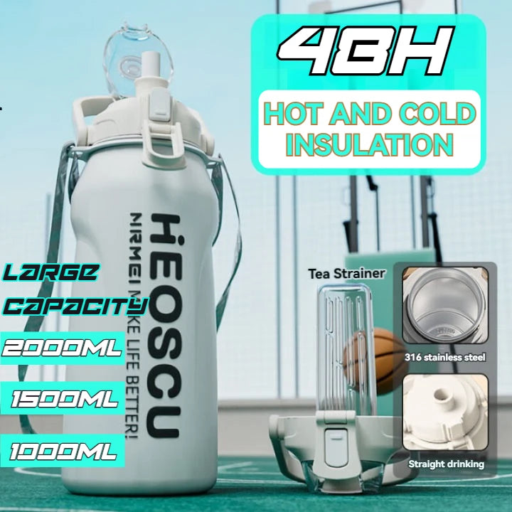 2L Stainless Steel Thermal Water Bottle – Large Vacuum Flask with Straw for Hot & Cold Drinks, Travel & Outdoor Sports